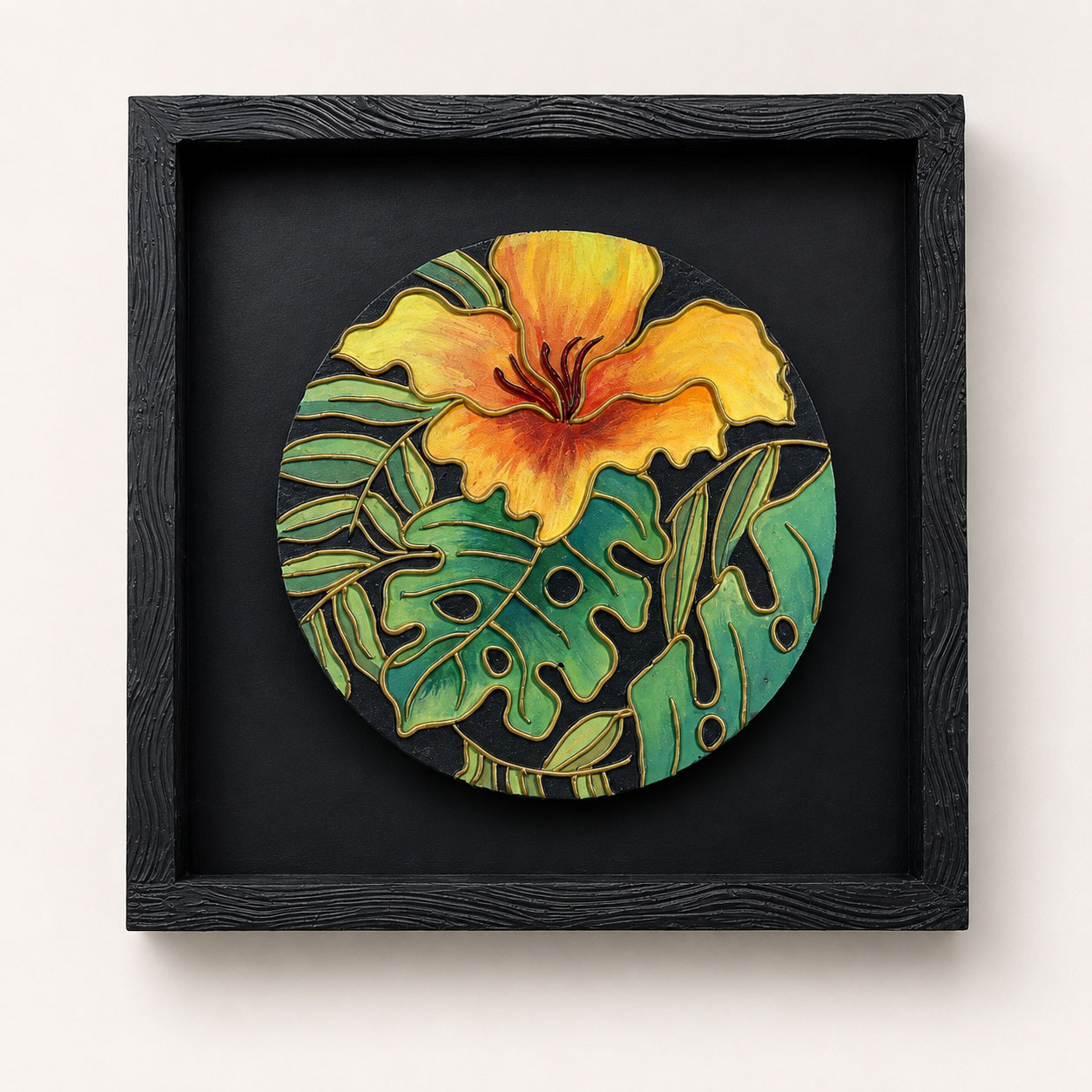 Tropical Elegance: Framed Round Botanical Relief Art (Clay Art)